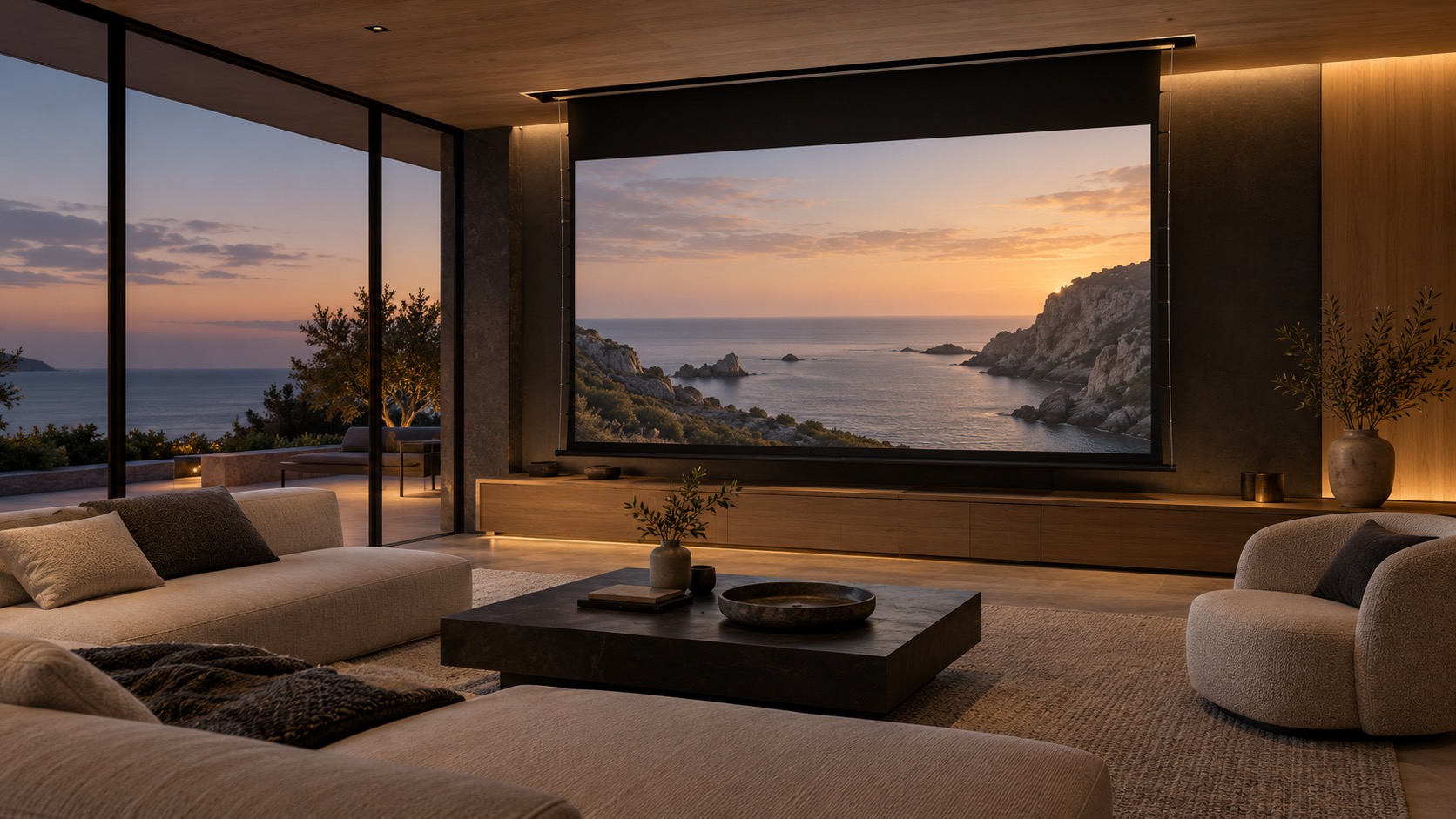 Motorized In-Ceiling screen in a concept interior